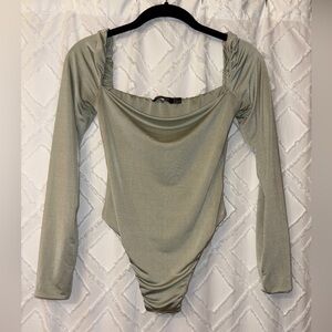 Nasty Gal Long Sleeve Bodysuit, Size 4, Light Green, Silk like Material